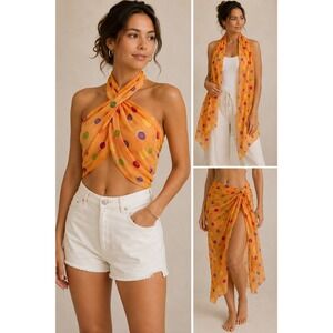 Vintage Orange Polka Dot Sheer Scarf‎ Wrap Sarong Halter Top Retro Y2K 60x19.5
